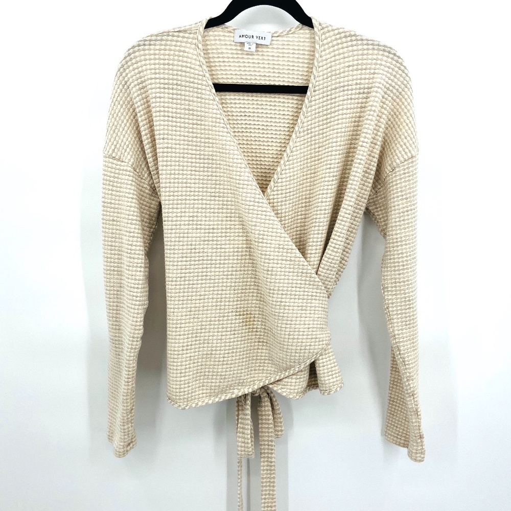 AMOUR VERT Cream Tan Textured Modal Blend V-Neck Long Sleeve Wrap Top Medium